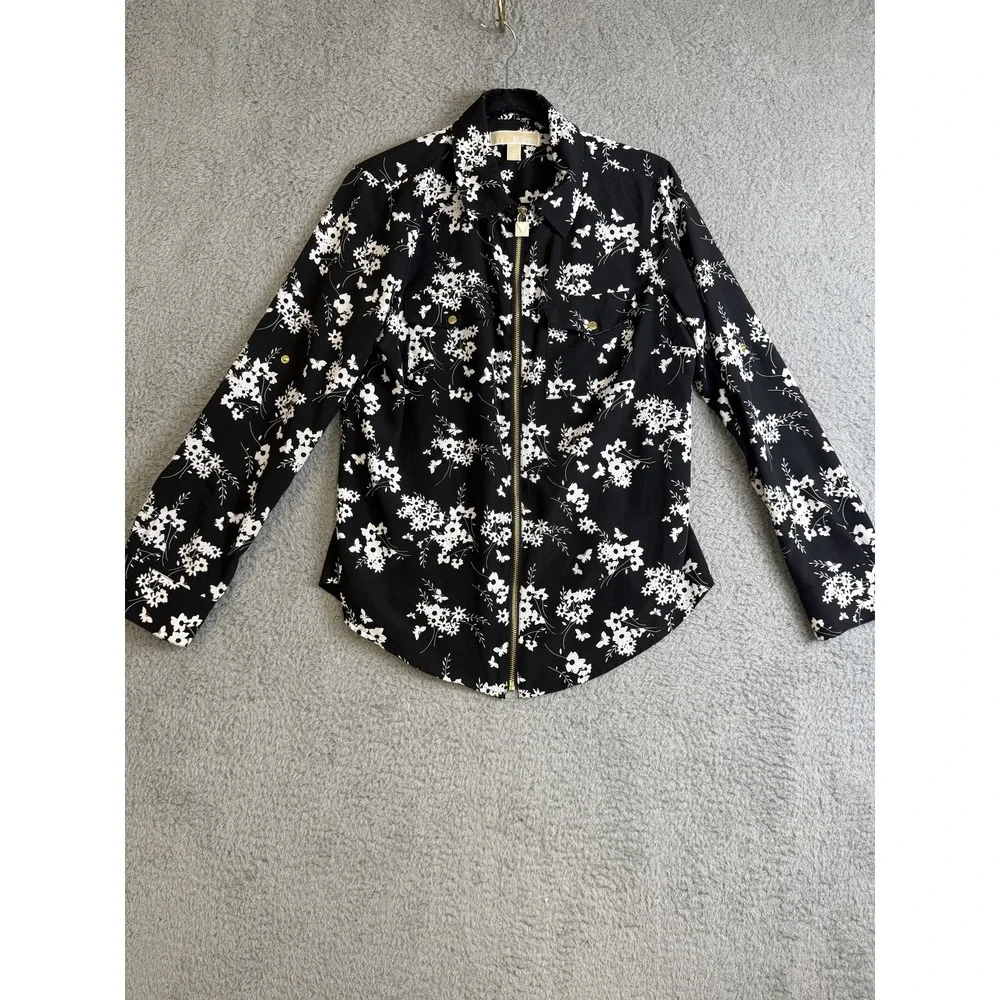 Michael Kors Jacket Womens Medium Black White Floral Full Zip Gold Accents Shirt